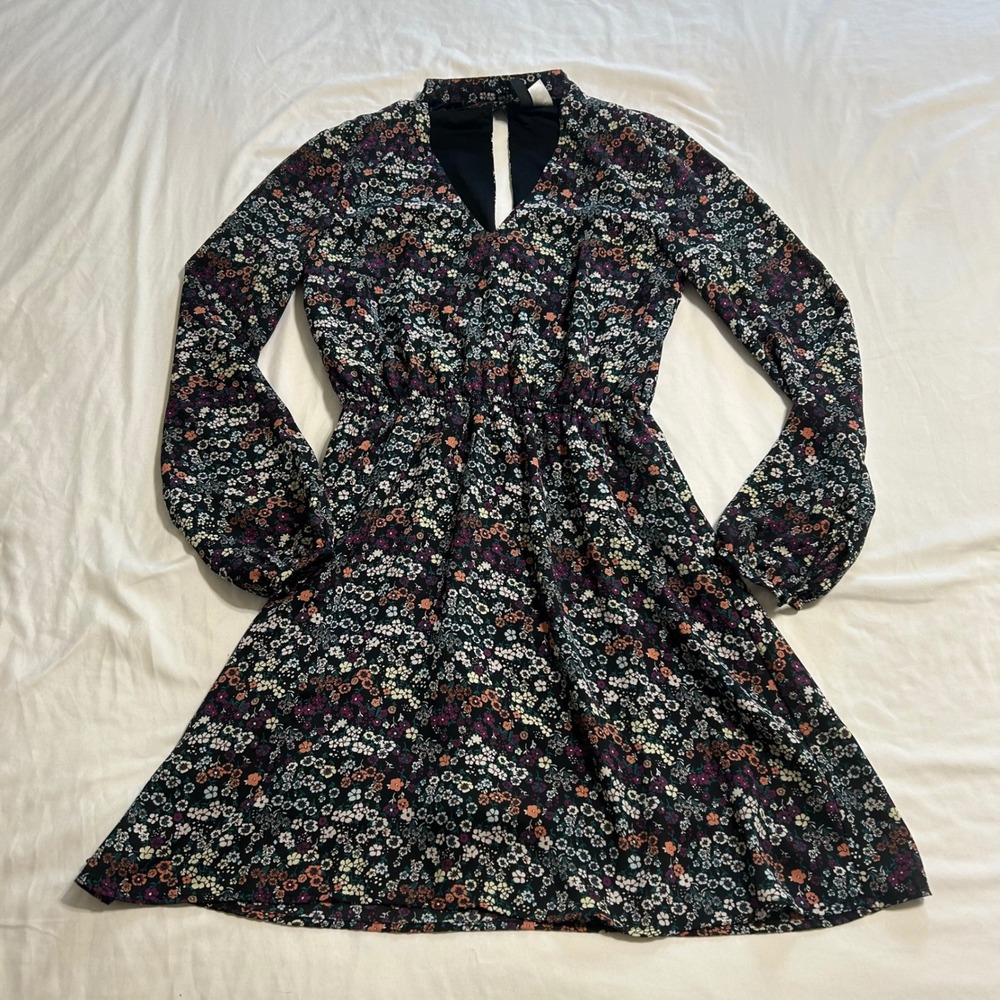 H&M Divided Floral Mock Neck Mini Dress Long Sleeve Black Multi Color Size‎ 6